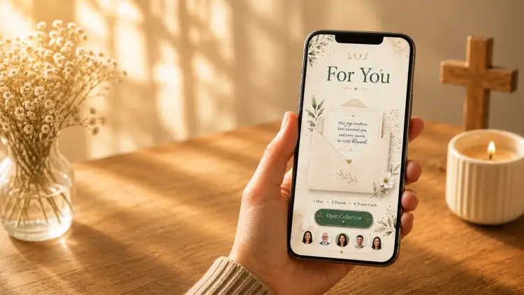 A Sanctum prayer circle open on a phone, beside a lit candle, a wooden cross, and baby's breath